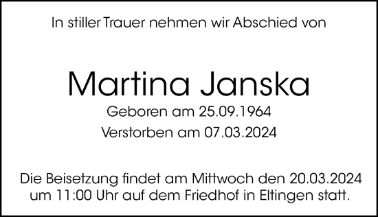 Traueranzeige von Martina Janska von Leonberger Kreiszeitung / Strohgäu Extra