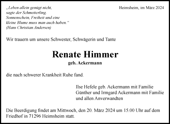 Traueranzeige von Renate Himmer von Leonberger Kreiszeitung / Strohgäu Extra