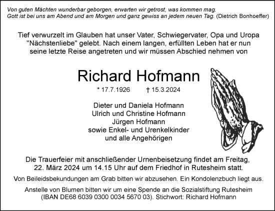 Traueranzeige von Richard Hofmann von Leonberger Kreiszeitung / Strohgäu Extra