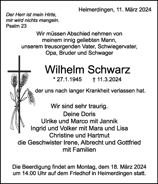 Traueranzeige von Wilhelm Schwarz von Leonberger Kreiszeitung / Strohgäu Extra