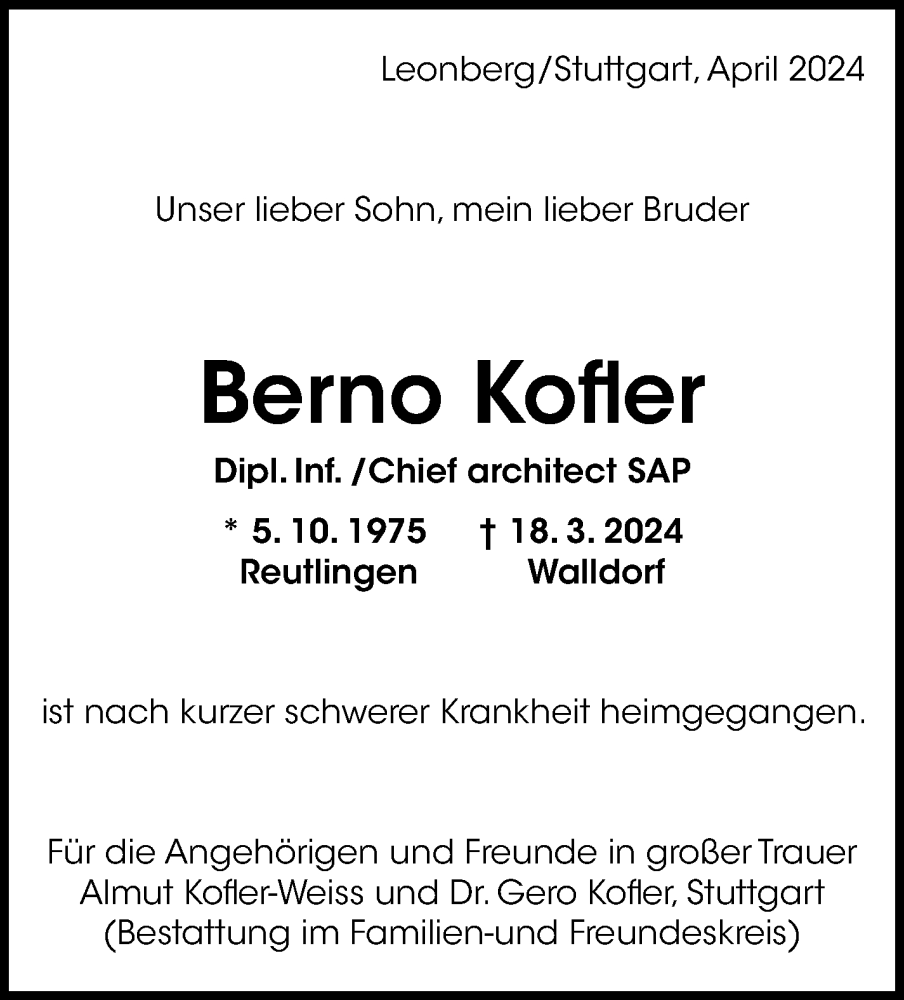  Traueranzeige für Berno Kofler vom 20.04.2024 aus Leonberger Kreiszeitung / Strohgäu Extra