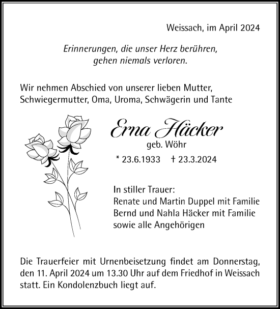 Traueranzeige von Erna Häcker von Leonberger Kreiszeitung / Strohgäu Extra