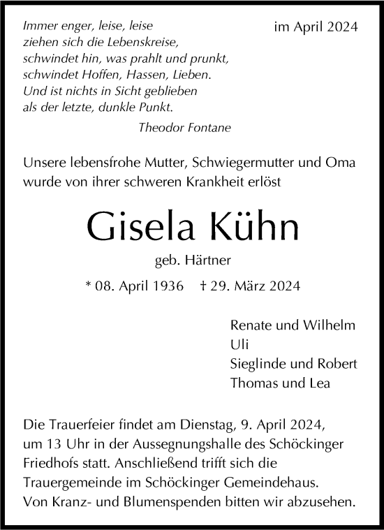Traueranzeige von Gisela Kühn von Leonberger Kreiszeitung / Strohgäu Extra