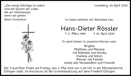 Traueranzeige von Hans-Dieter Rössler von Leonberger Kreiszeitung / Strohgäu Extra