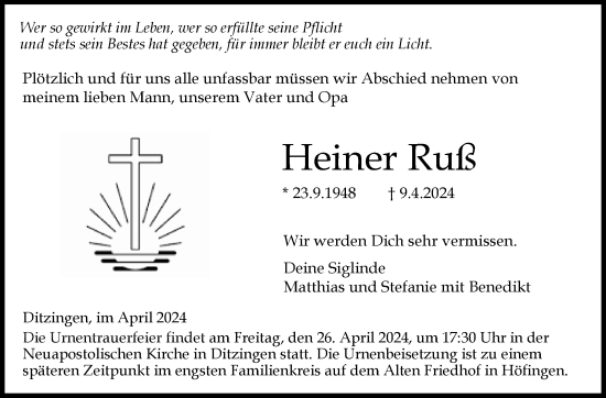 Traueranzeige von Heiner Ruß von Leonberger Kreiszeitung / Strohgäu Extra