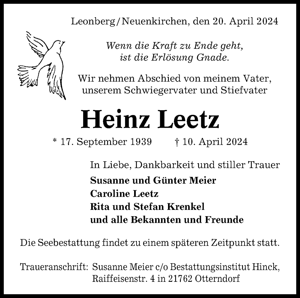  Traueranzeige für Heinz Leetz vom 20.04.2024 aus Leonberger Kreiszeitung / Strohgäu Extra