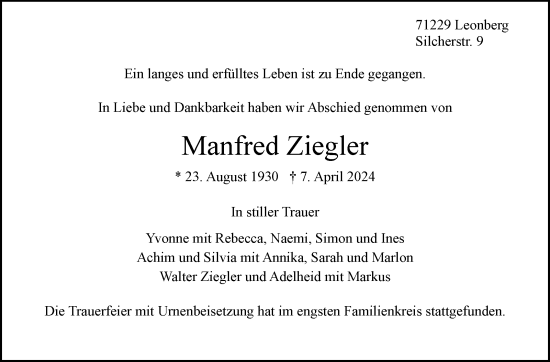Traueranzeige von Manfred Ziegler von Leonberger Kreiszeitung / Strohgäu Extra