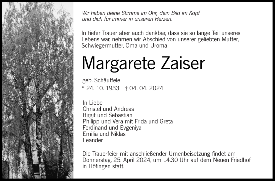 Traueranzeige von Margarete Zaiser von Leonberger Kreiszeitung / Strohgäu Extra