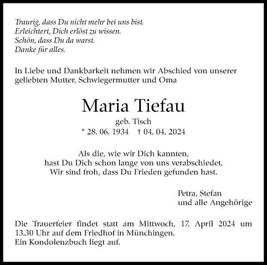 Traueranzeige von Maria Tiefau von Leonberger Kreiszeitung / Strohgäu Extra