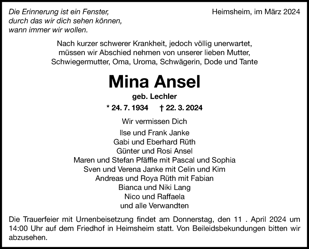  Traueranzeige für Mina Ansel vom 09.04.2024 aus Leonberger Kreiszeitung / Strohgäu Extra