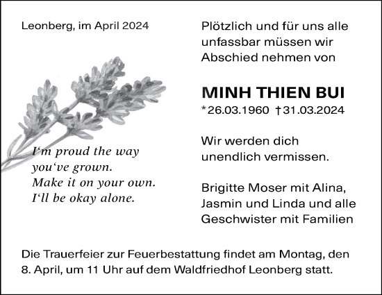 Traueranzeige von Minh Thien Bui von Leonberger Kreiszeitung / Strohgäu Extra