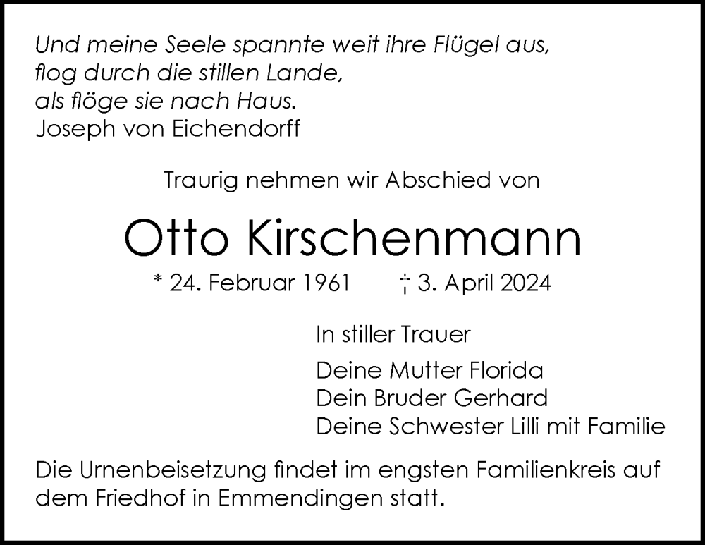  Traueranzeige für Otto Kirschenmann vom 13.04.2024 aus Leonberger Kreiszeitung / Strohgäu Extra