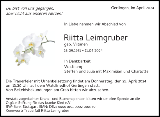 Traueranzeige von Riitta Leimgruber von Leonberger Kreiszeitung / Strohgäu Extra