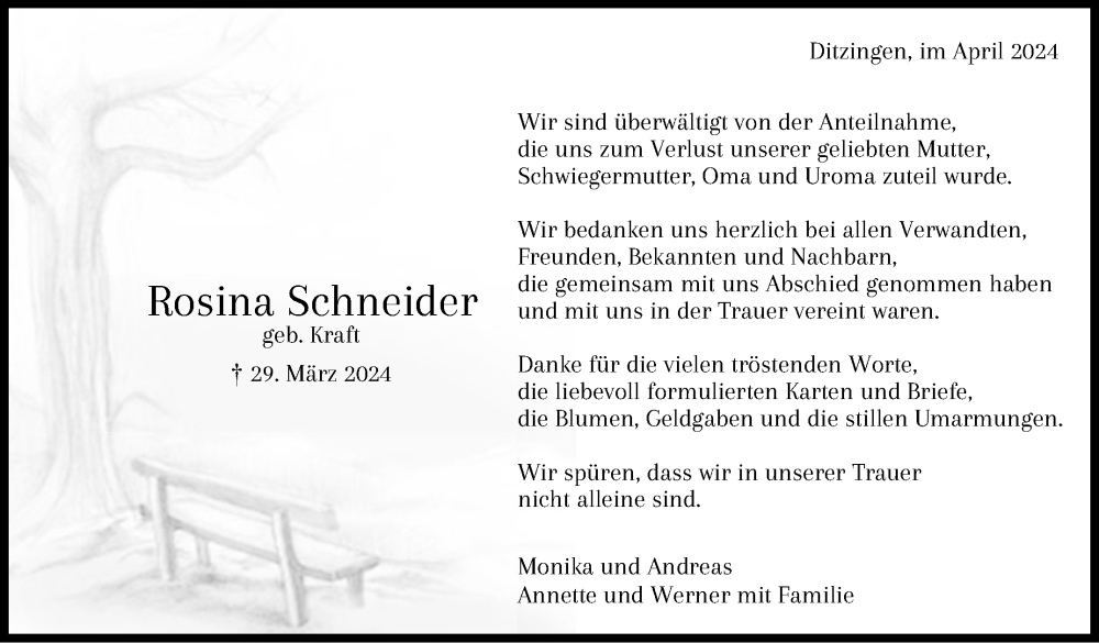  Traueranzeige für Rosina Schneider vom 13.04.2024 aus Leonberger Kreiszeitung / Strohgäu Extra