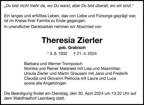 Traueranzeige von Theresia Zierler von Leonberger Kreiszeitung / Strohgäu Extra