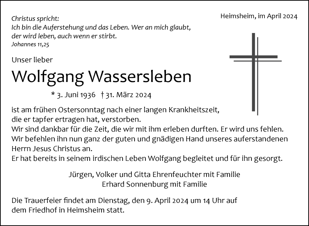  Traueranzeige für Wolfgang Wassersleben vom 05.04.2024 aus Leonberger Kreiszeitung / Strohgäu Extra