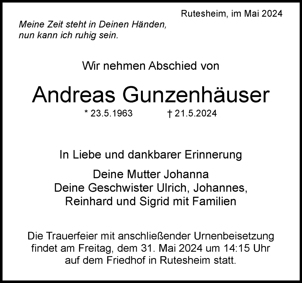  Traueranzeige für Andreas Gunzenhäuser vom 27.05.2024 aus Leonberger Kreiszeitung / Strohgäu Extra