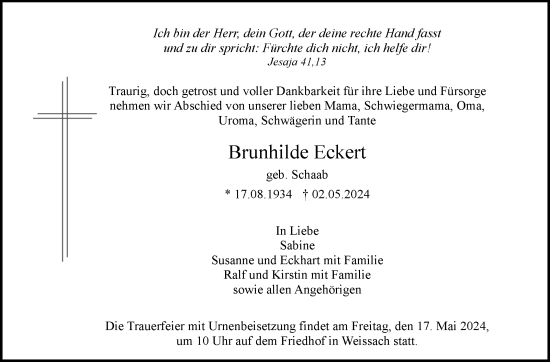 Traueranzeige von Brunhilde Eckert von Leonberger Kreiszeitung / Strohgäu Extra