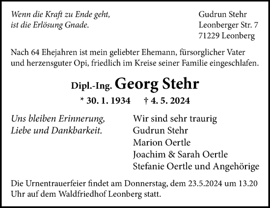 Traueranzeige von Georg Stehr von Leonberger Kreiszeitung / Strohgäu Extra