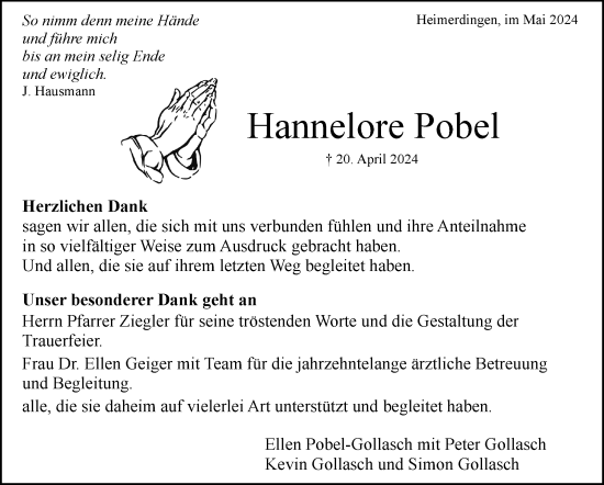 Traueranzeige von Hannelore Pobel von Leonberger Kreiszeitung / Strohgäu Extra