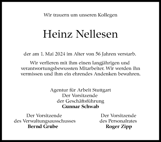 Traueranzeige von Heinz Nellesen von Leonberger Kreiszeitung / Strohgäu Extra