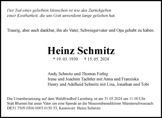 Traueranzeige von Heinz Schmitz von Leonberger Kreiszeitung / Strohgäu Extra