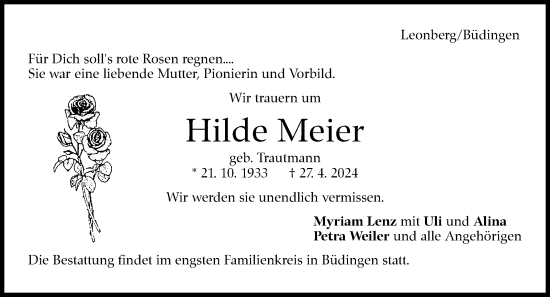 Traueranzeige von Hilde Meier von Leonberger Kreiszeitung / Strohgäu Extra