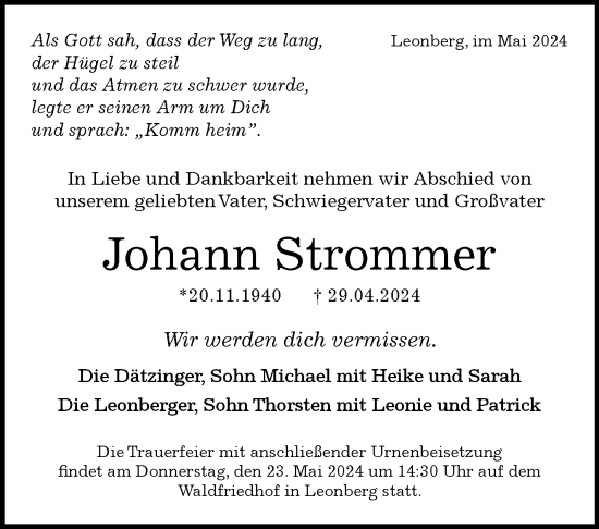Traueranzeige von Johann Strommer von Leonberger Kreiszeitung / Strohgäu Extra