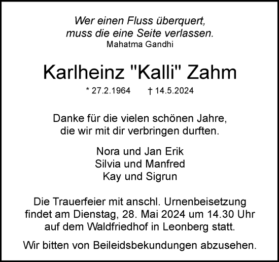 Traueranzeige von Karlheinz Zahm von Leonberger Kreiszeitung / Strohgäu Extra