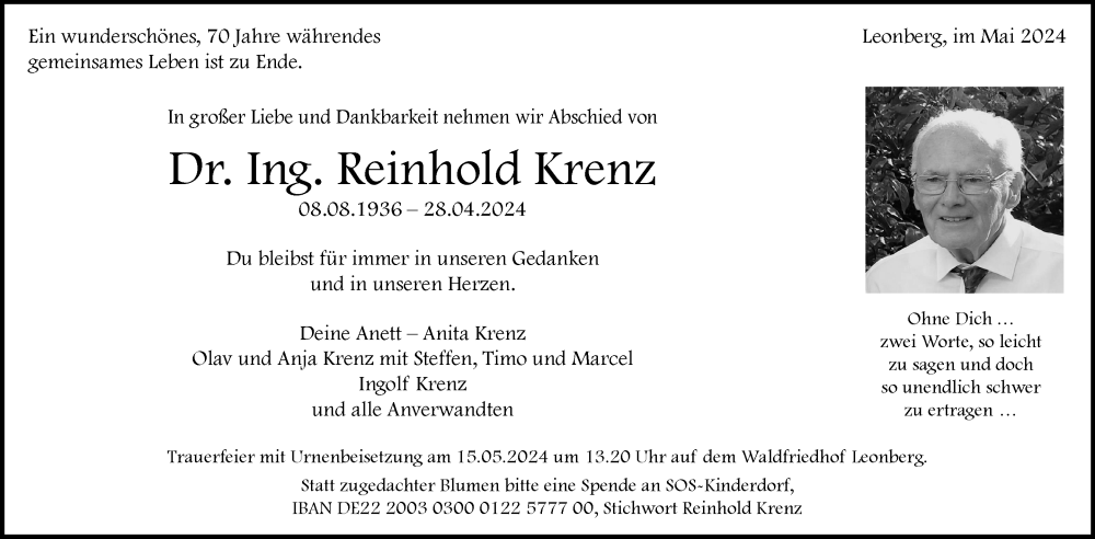  Traueranzeige für Reinhold Krenz vom 06.05.2024 aus Leonberger Kreiszeitung / Strohgäu Extra