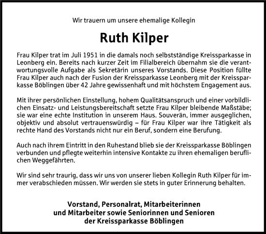 Traueranzeige von Ruth Kilper von Leonberger Kreiszeitung / Strohgäu Extra