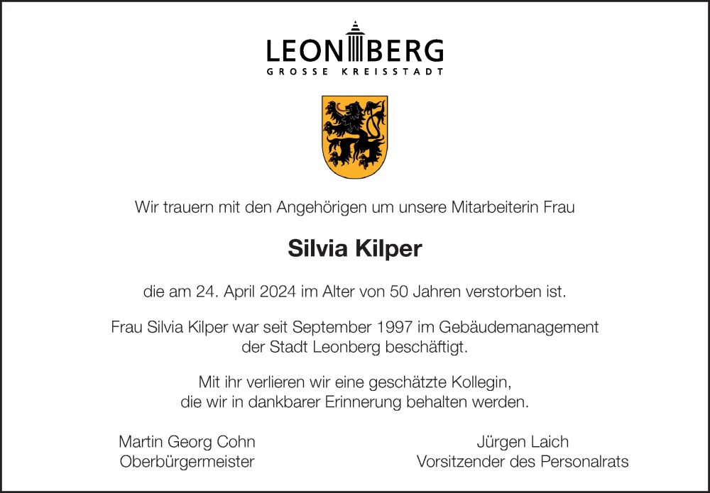  Traueranzeige für Silvia Kilper vom 08.05.2024 aus Leonberger Kreiszeitung / Strohgäu Extra