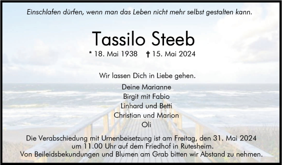 Traueranzeige von Tassilo Steeb von Leonberger Kreiszeitung / Strohgäu Extra