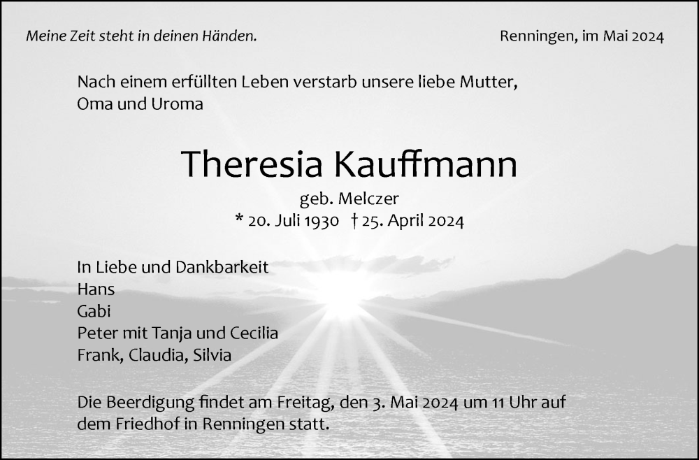  Traueranzeige für Theresia Kauffmann vom 03.05.2024 aus Leonberger Kreiszeitung / Strohgäu Extra