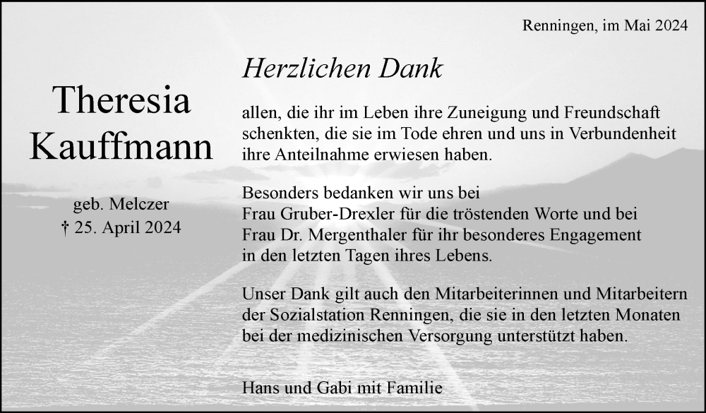  Traueranzeige für Theresia Kauffmann vom 11.05.2024 aus Leonberger Kreiszeitung / Strohgäu Extra
