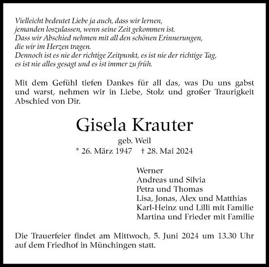 Traueranzeige von Gisela Krauter von Leonberger Kreiszeitung / Strohgäu Extra