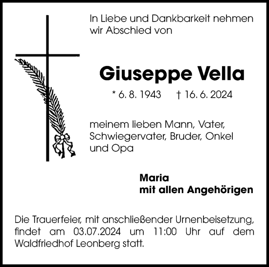 Traueranzeige von Giuseppe Vella von Leonberger Kreiszeitung / Strohgäu Extra