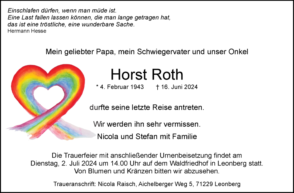  Traueranzeige für Horst Roth vom 24.06.2024 aus Leonberger Kreiszeitung / Strohgäu Extra