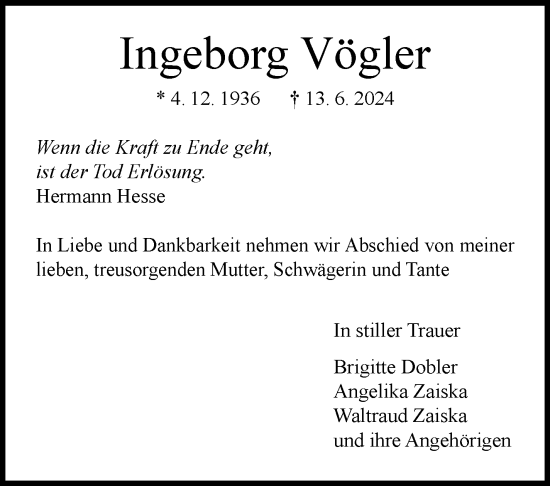 Traueranzeige von Ingeborg Vögler von Leonberger Kreiszeitung / Strohgäu Extra
