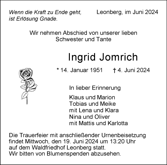 Traueranzeige von Ingrid Jomrich von Leonberger Kreiszeitung / Strohgäu Extra