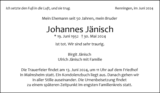 Traueranzeige von Johannes Jänisch von Leonberger Kreiszeitung / Strohgäu Extra