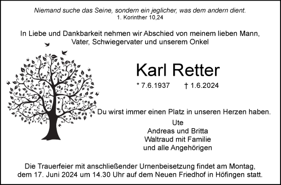 Traueranzeige von Karl Retter von Leonberger Kreiszeitung / Strohgäu Extra