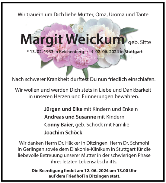 Traueranzeige von Margit Weickum von Leonberger Kreiszeitung / Strohgäu Extra
