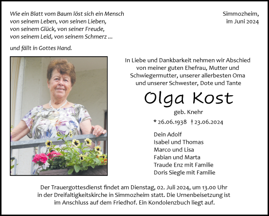 Traueranzeige von Olga Kost von Leonberger Kreiszeitung / Strohgäu Extra