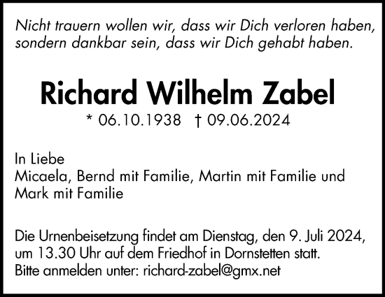 Traueranzeige von Richard Wilhelm Zabel von Leonberger Kreiszeitung / Strohgäu Extra