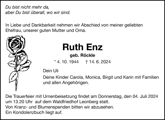 Traueranzeige von Ruth Enz von Leonberger Kreiszeitung / Strohgäu Extra