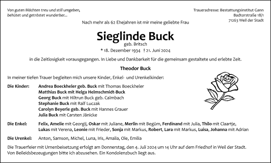 Traueranzeige von Sieglinde Buck von Leonberger Kreiszeitung / Strohgäu Extra