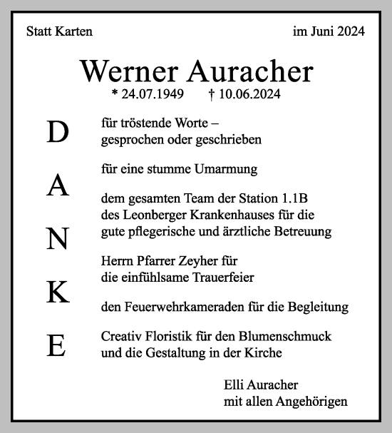 Traueranzeige von Werner Auracher von Leonberger Kreiszeitung / Strohgäu Extra