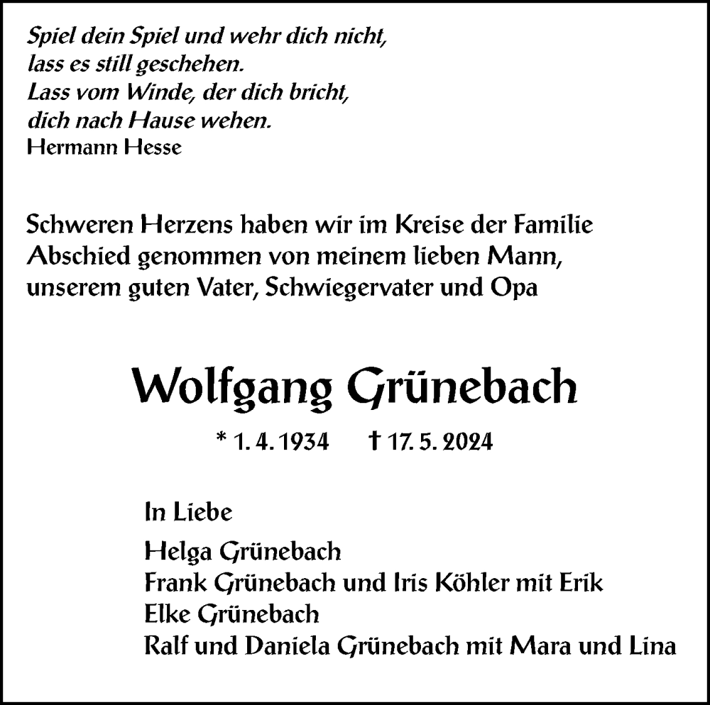  Traueranzeige für Wolfgang Grünebach vom 01.06.2024 aus Leonberger Kreiszeitung / Strohgäu Extra