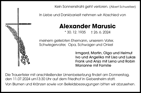 Traueranzeige von Alexander Marusic von Leonberger Kreiszeitung / Strohgäu Extra